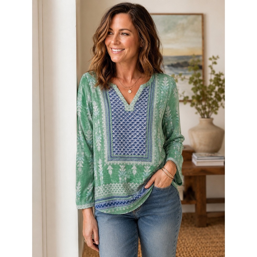 Lucky Brand Womens Small Boho Border Print 3/4 Sleeve Blouse Antiqued Buttons